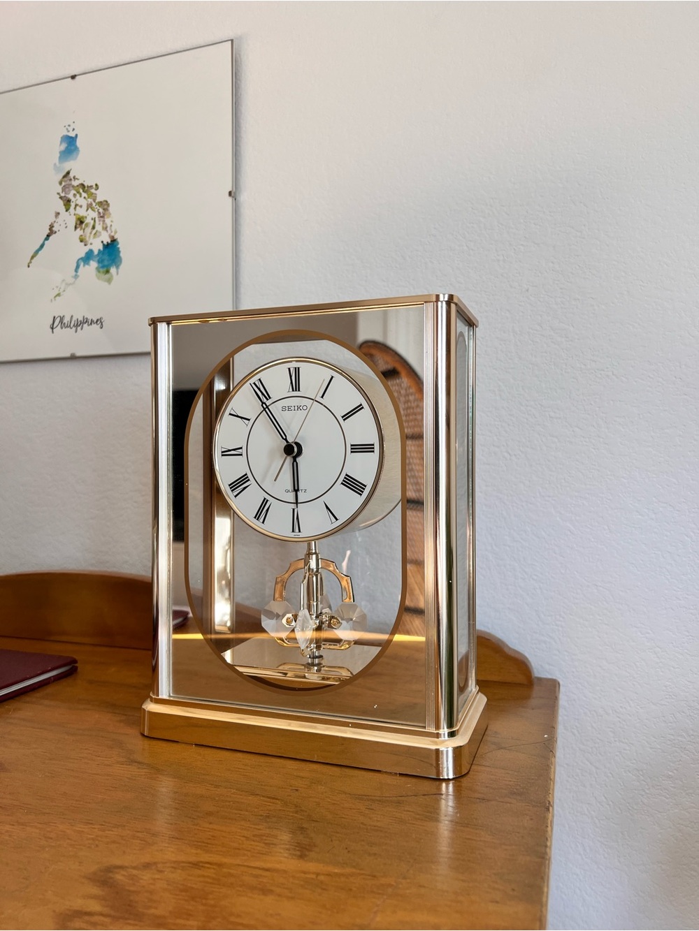 Vintage Seiko Quartz QQZ289G Anniversary Carriage Mantel Clock Crystal Pendulum